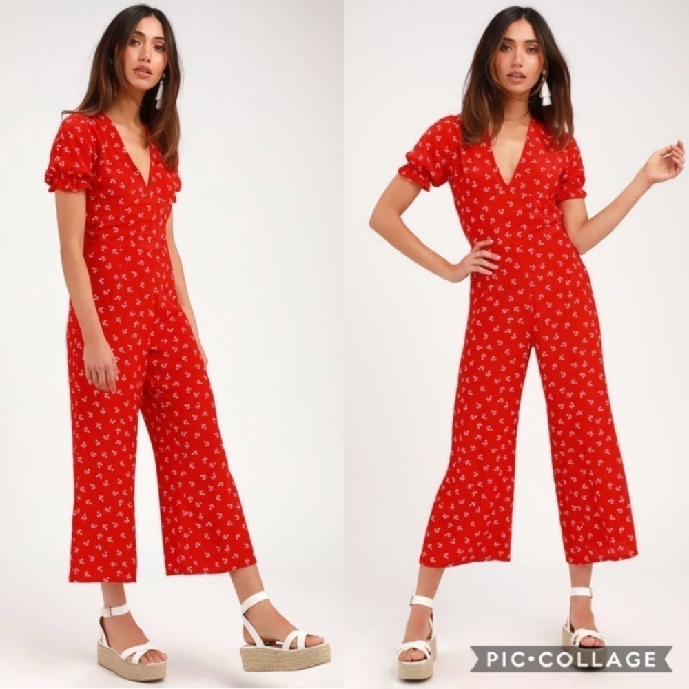 Faithfull the Brand Red Floral V-Neck Jumpsuit